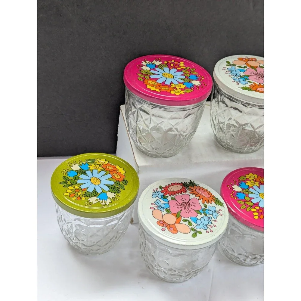 VTG 8 Ball Quilted Crystal Glass Jelly Jars with Metal Flower Lids 1970s